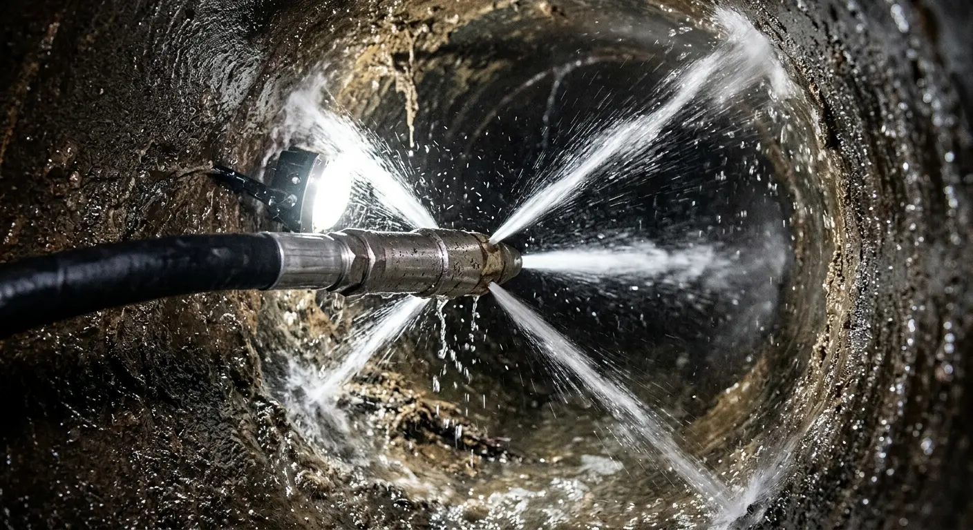 High-pressure hydro jetting nozzle cleaning sewer pipe for Emergency Drain Service in Seabrook