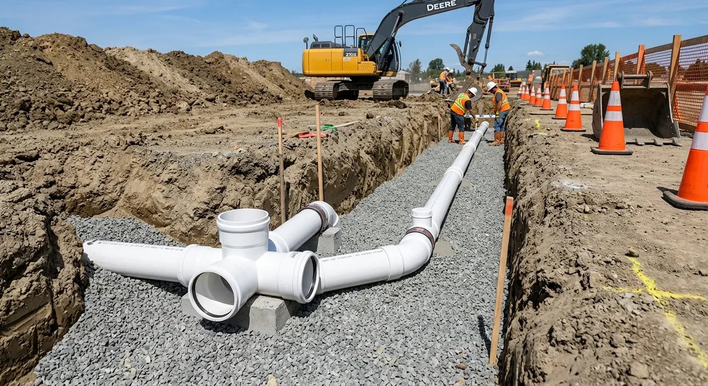 New PVC sewer pipe installation in open trench for Grease Trap Cleaning in Seabrook
