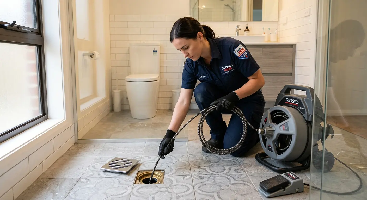 Technician clearing a bathroom floor drain for Sewer Line Replacement in Seabrook